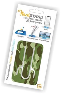 Bild von Flexistand (Camouflage) - flexibler Handyaufsteller - für alle Handys und Mini-Tablets - superflach - stufenlos verstellbar - hochkant und quer - passt in jede Hosentasche