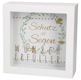 Bild von Butzon & Bercker Bilderrahmen-Spardose Wunscherfüller 14 x 14 x 5,5 cm - Holz 2-in-1 Geschenkbox zum Aufstellen, individualisierbares Hintergrundbild, Golddruck auf Glasscheibe, originelle Verpackung